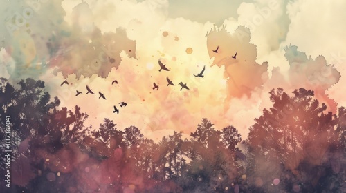 soft pastel watercolor a flock of birds flying above the trees in a forest wallpaper