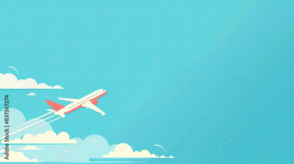 minimalistic flat illustration of an airplane flying on blue background, large empty space on the left for text, ideal for travel, tourism, and airline promotions. minimalistic flat illustration of an airplane flying on blue background, large empty space on the left for text, ideal for travel, tourism, and airline promotions.