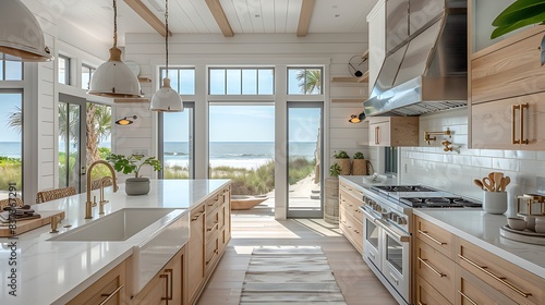 Bright and modern beachfront kitchen with an ocean view through large glass doors, evoking a serene coastal lifestyle. 