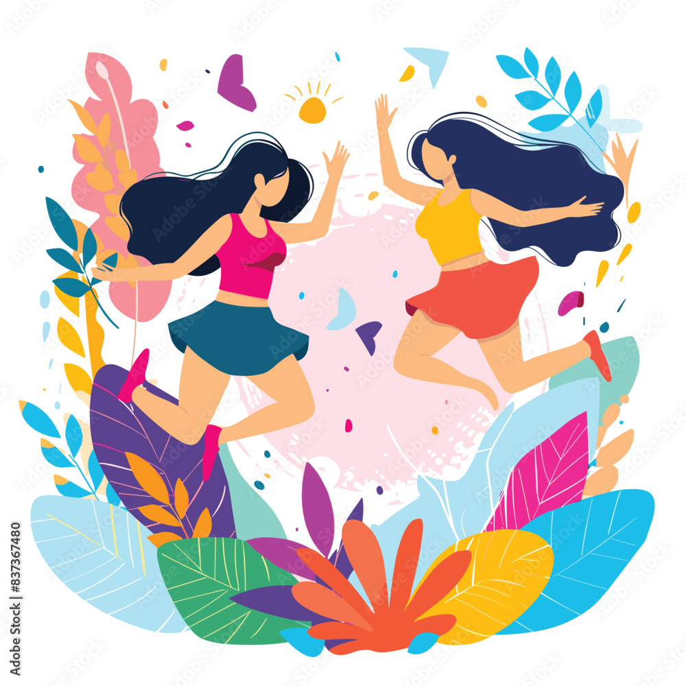 Two young females dancing joyfully among vibrant foliage abstract shapes. Dancers celebrate surrounded leaves, butterflies, sun, signifying happiness, freedom. Longhaired women casual summer attire Two young females dancing joyfully among vibrant foliage abstract shapes. Dancers celebrate surrounded leaves, butterflies, sun, signifying happiness, freedom. Longhaired women casual summer attire