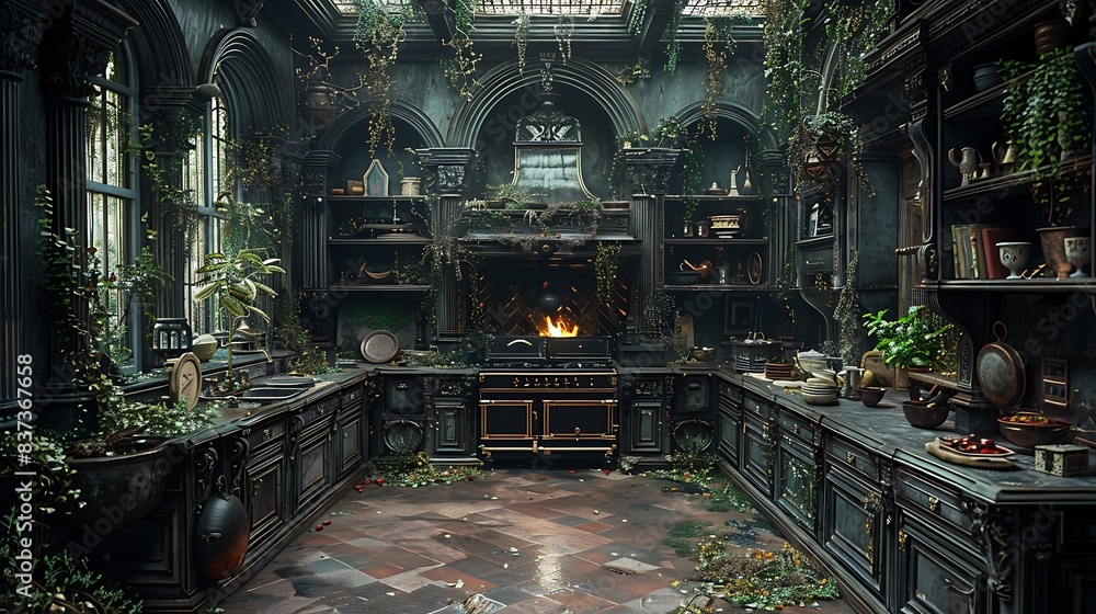 Victorian-style kitchen with lush green plants and a lit fireplace exudes a rustic and magical ambiance Victorian-style kitchen with lush green plants and a lit fireplace exudes a rustic and magical ambiance