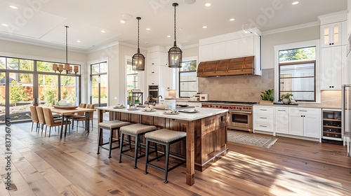 Spacious modern kitchen interior with a wooden island  white cabinets  and pendant lights reflecting a contemporary home design style. 