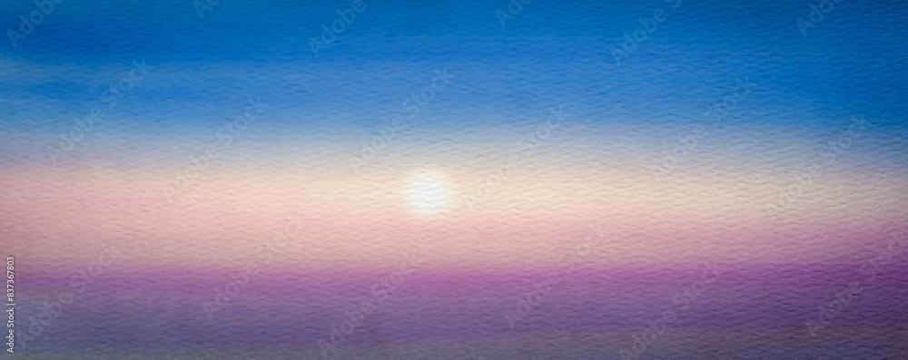 An abstract watercolor painting depicting a serene sky with a soft, pastel color palette. The horizon fades into a hazy purple, creating a dreamy, atmospheric effect.