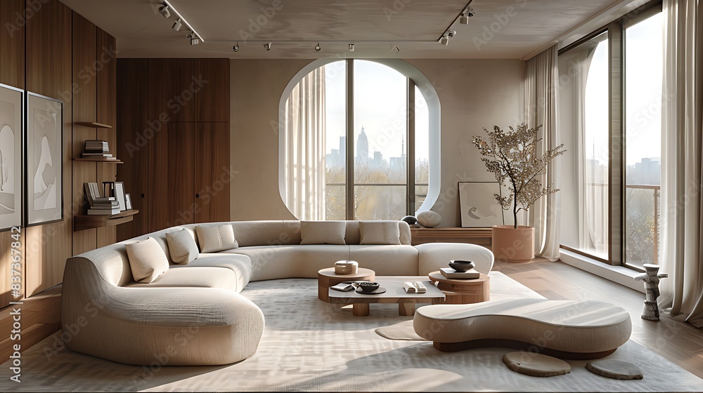 Modern spacious living room with curved sofa and city view through large arched window. Modern spacious living room with curved sofa and city view through large arched window.