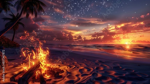 Inviting campfire on the beach during the summer  bring back fond memories. Fun and good times at the lake. AI generated illustration