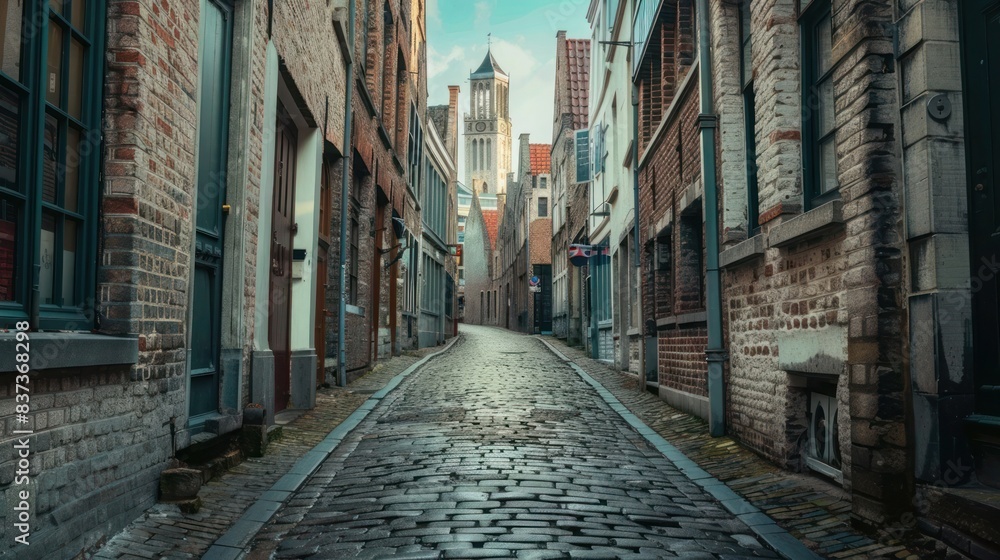 Fototapeta premium Quaint European Alley on a Sunny Day: Cobblestones and Historic Buildings