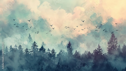 soft pastel watercolor a flock of birds flying above the trees in a forest wallpaper photo