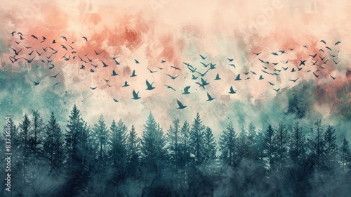 soft pastel watercolor a flock of birds flying above the trees in a forest wallpaper photo