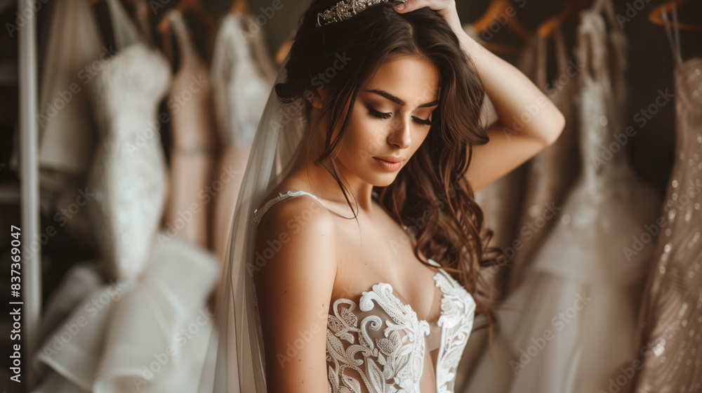 Fototapeta premium The bride receives help with her wedding dress, decorated with intricate embroidery and ruffles, in a room with hanging dresses with soft natural lighting.