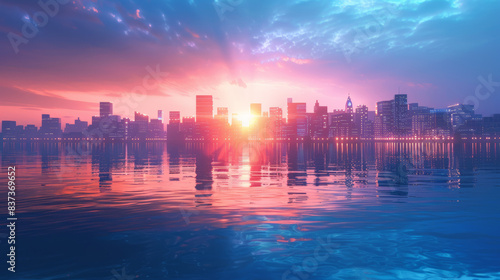 Sunset illuminates modern city skyline above blue water generated by AI © Sergei