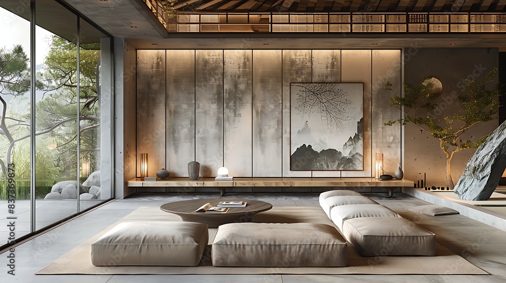 Minimalist modern living room with large windows and nature view accentuated by soft lighting and neutral tones Minimalist modern living room with large windows and nature view accentuated by soft lighting and neutral tones