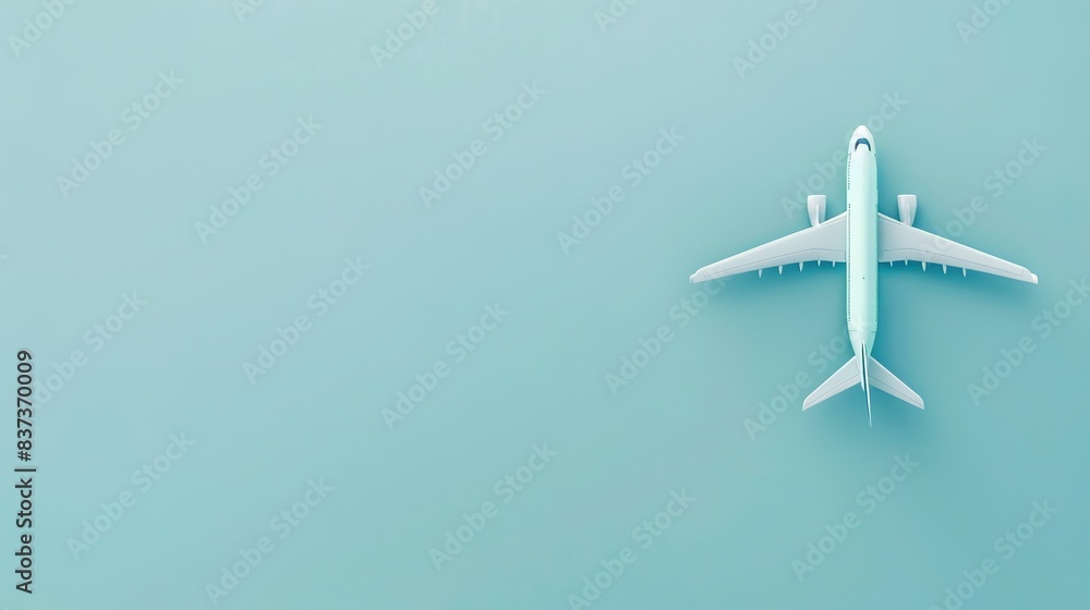 minimalistic flat illustration of an airplane flying on blue background, large empty space on the left for text, ideal for travel, tourism, and airline promotions. minimalistic flat illustration of an airplane flying on blue background, large empty space on the left for text, ideal for travel, tourism, and airline promotions.