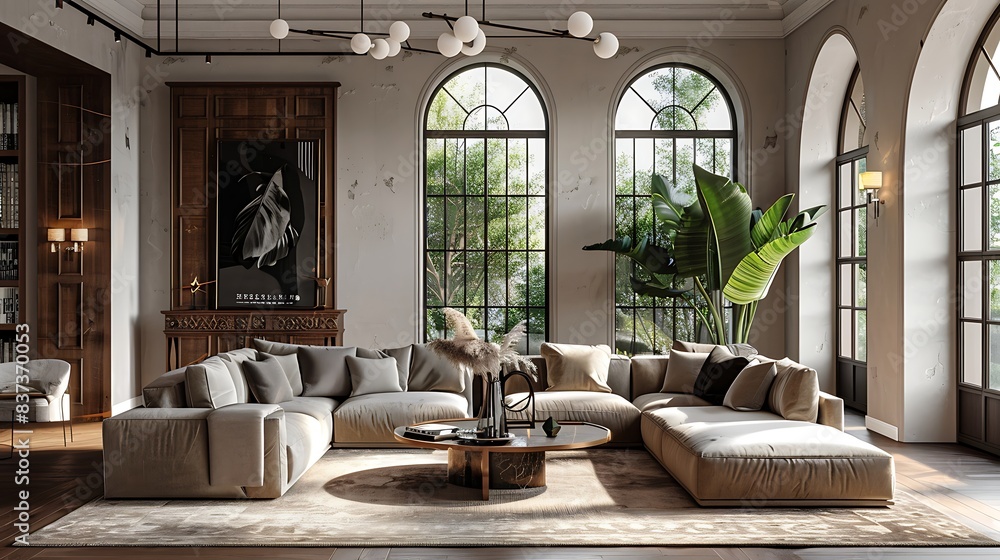 Elegant and spacious living room interior with modern furniture and large windows letting in natural light, perfect for a luxurious lifestyle concept. Elegant and spacious living room interior with modern furniture and large windows letting in natural light, perfect for a luxurious lifestyle concept.