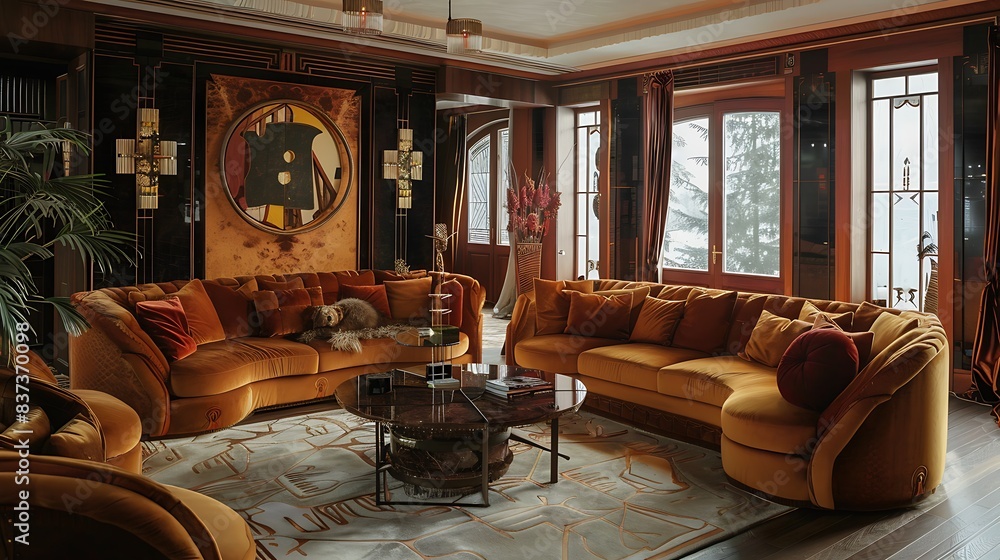 Elegant living room with stylish orange sectional sofa and a snowy winter landscape visible through large windows, with a cozy and luxurious interior design. Elegant living room with stylish orange sectional sofa and a snowy winter landscape visible through large windows, with a cozy and luxurious interior design.