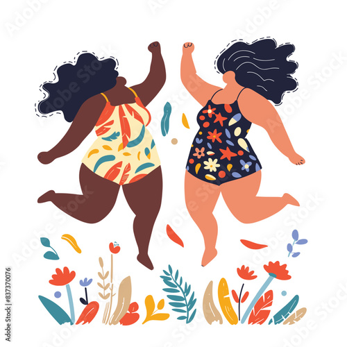 Two joyful plussize women dancing outdoors among stylized flowers. AfricanAmerican Caucasian women celebrate body positivity colorful swimwear. Confidence, diversity, friendship happy illustration