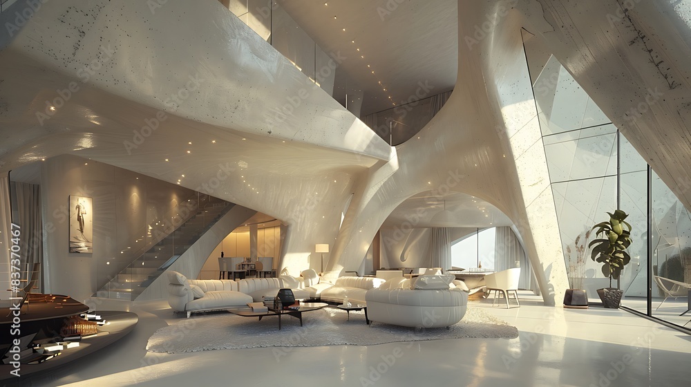 A luxurious, modern living room with futuristic design features and lavish furniture illuminated by natural light through floor-to-ceiling windows. A luxurious, modern living room with futuristic design features and lavish furniture illuminated by natural light through floor-to-ceiling windows.