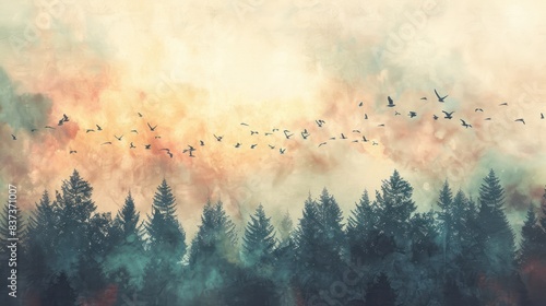 soft pastel watercolor a flock of birds flying above the trees in a forest wallpaper © Helen