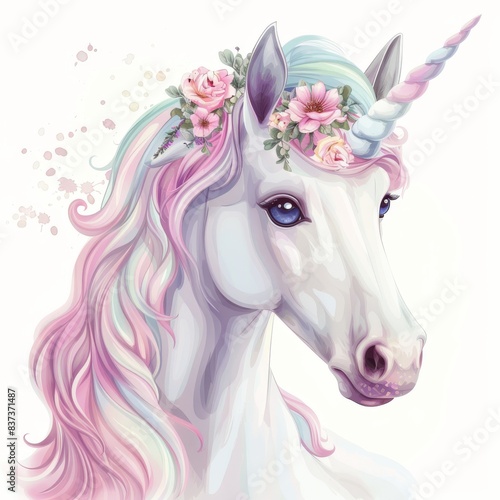 An illustrative watercolor illustration of a cute unicorn with butterflies and flowers on a white background.