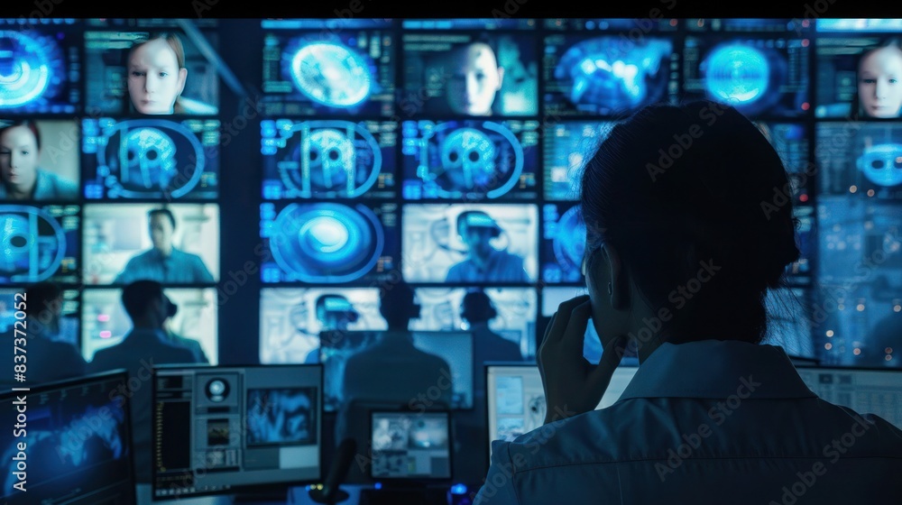 Silhouette of Person Monitoring Multiple Surveillance Screens with Faces Silhouette of Person Monitoring Multiple Surveillance Screens with Faces