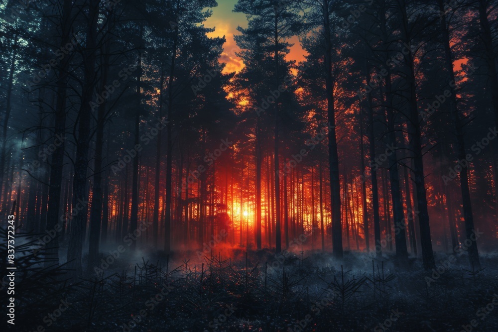 Sun setting behind forest trees Sun setting behind forest trees