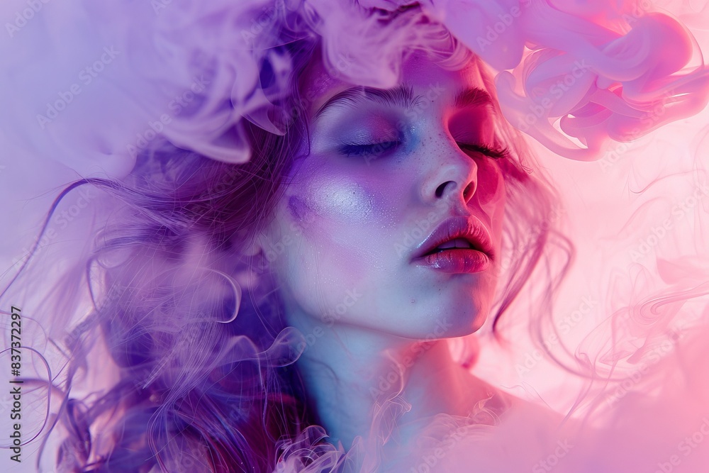 Fototapeta premium Image generated by artificial intelligence showing a close-up portrait of top model surrounded by a purple pink cloud of smoke on an isolated pastel blue background. Abstract fashion concept.