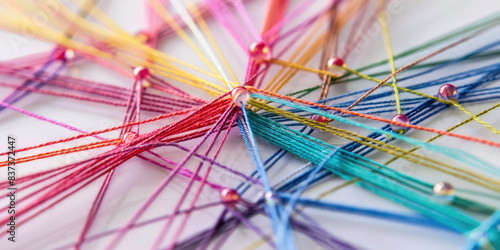 Close-up view of multicolored threads connected by a placemarkers, location buttons