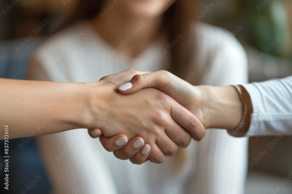 A woman shaking hands with a man in a white shirt A woman shaking hands with a man in a white shirt