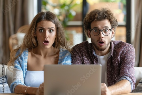 Surprised individuals react to laptop screen