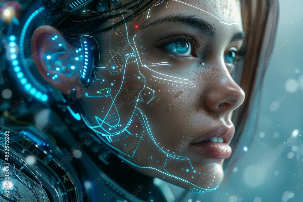 A portrait of a woman with a cybernetic eye, wearing a futuristic jumpsuit with intricate patterns, a determined expression on her face. A portrait of a woman with a cybernetic eye, wearing a futuristic jumpsuit with intricate patterns, a determined expression on her face.