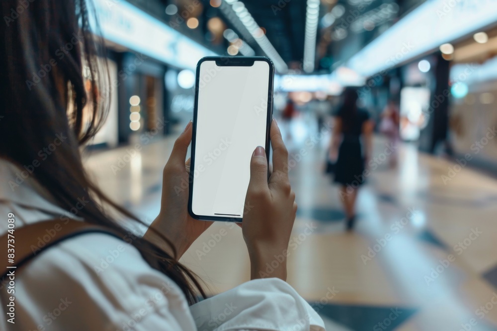 Person holding phone with white screen in mall