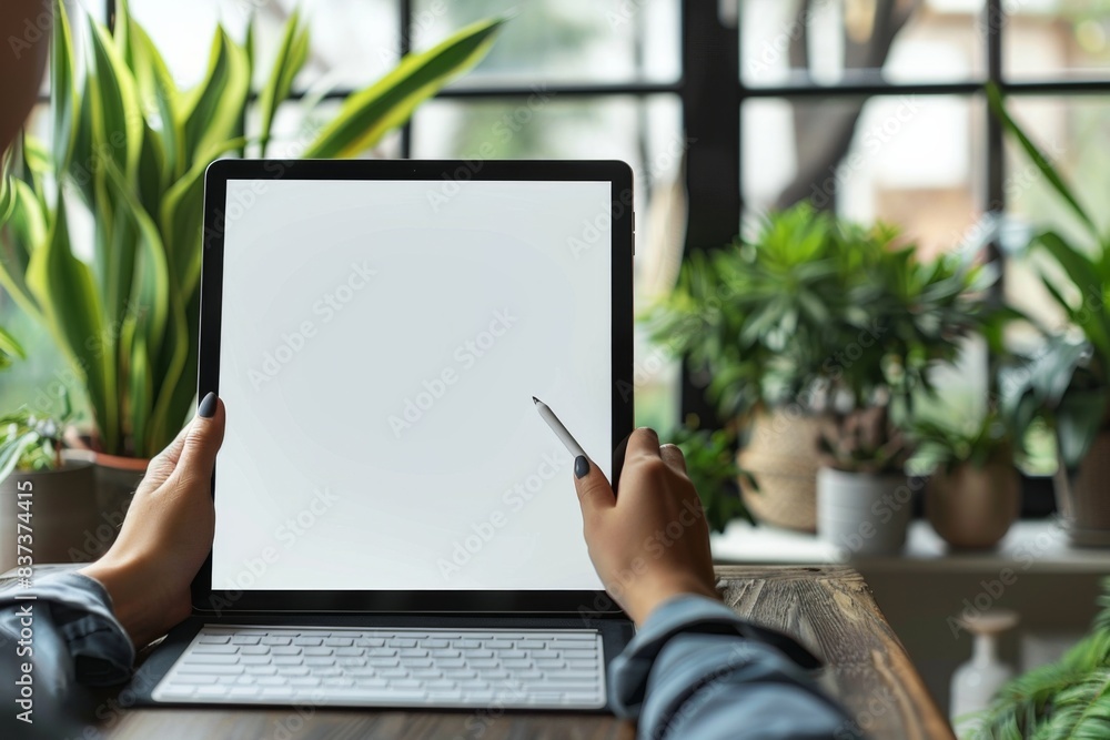 Person using laptop with blank screen on table Person using laptop with blank screen on table