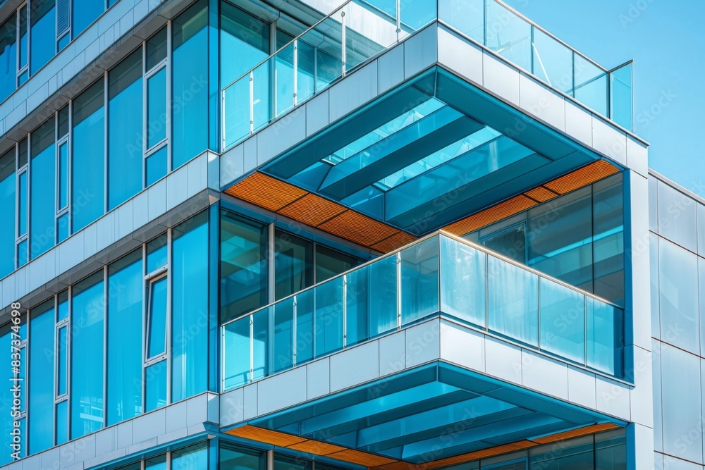 Glass balcony on building with sky background Glass balcony on building with sky background