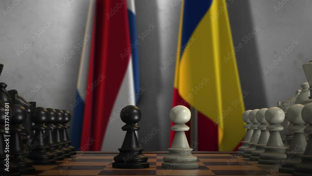 Romania and Netherlands National Flags with Chess Board Animation. Politics of Government or Conflict of Countries Concept Romania and Netherlands National Flags with Chess Board Animation. Politics of Government or Conflict of Countries Concept