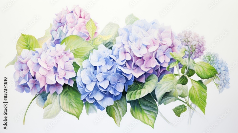 blue and violet hortensia flowers isolated on white background