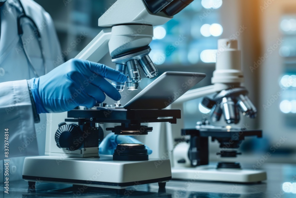 Scientist in lab coat and blue gloves examines microscope Scientist in lab coat and blue gloves examines microscope