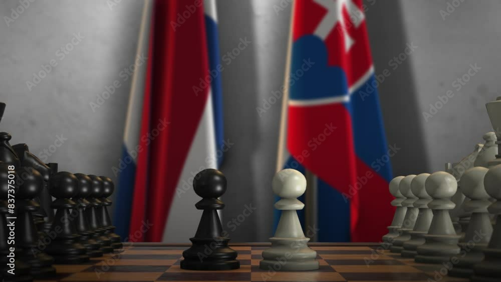 Slovakia and Netherlands National Flags with Chess Board Animation. Politics of Government or Conflict of Countries Concept Slovakia and Netherlands National Flags with Chess Board Animation. Politics of Government or Conflict of Countries Concept