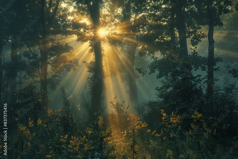 Sunlight streaming trees forest mist Sunlight streaming trees forest mist