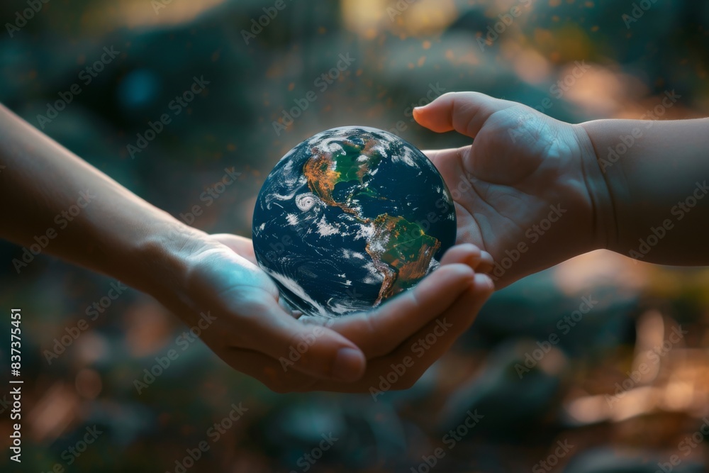 Hands holding small earth with blurry background Hands holding small earth with blurry background