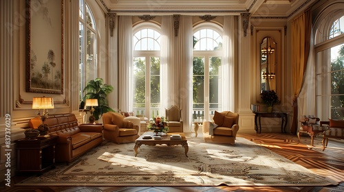 Elegant classical living room interior bathed in warm sunlight through large windows  showcasing luxurious furniture and intricate architectural details.