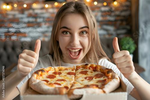 Lunch time concept. Attractive cheerful woman eats delicious Italian pizza  surprised with wonderful taste  indicates with thumb aside  shows where pizzeria situated  suggests to visit and have