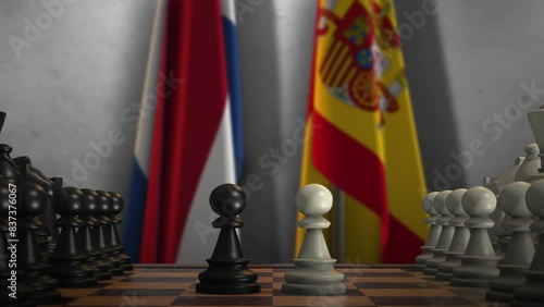 Spain and Netherlands National Flags with Chess Board Animation. Politics of Government or Conflict of Countries Concept
