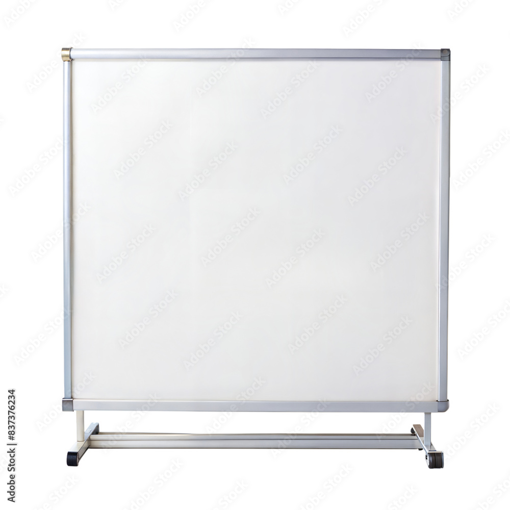 A white, blank whiteboard with a silver frame and stand, isolated on a transparent background A white, blank whiteboard with a silver frame and stand, isolated on a transparent background