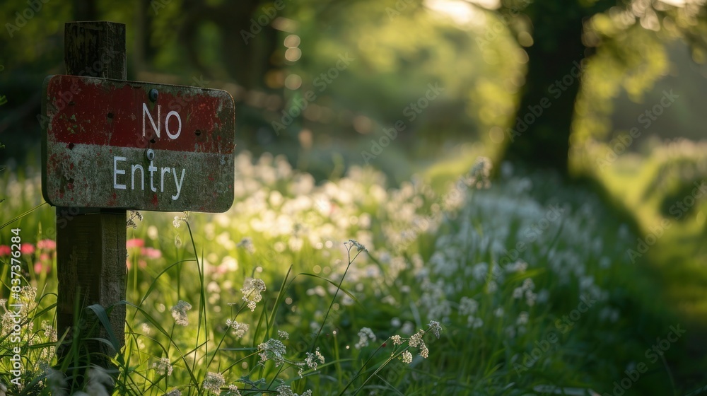 Rustic 'No Entry' Sign Amid Lush Woodland and Wildflowers at Golden Hour Rustic 'No Entry' Sign Amid Lush Woodland and Wildflowers at Golden Hour