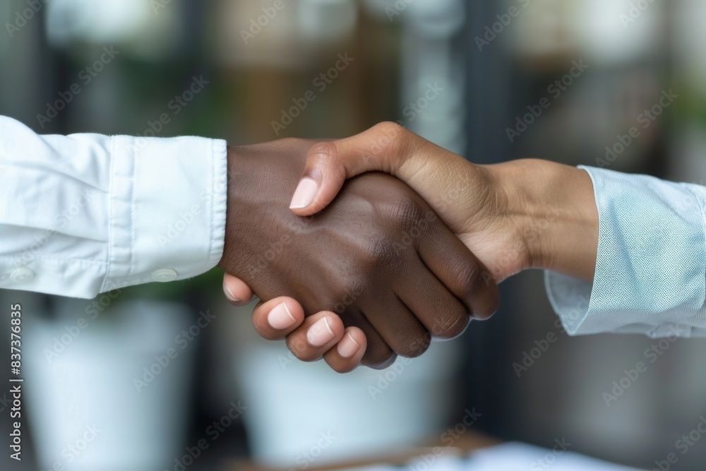 Two people shaking hands in a meeting room Two people shaking hands in a meeting room