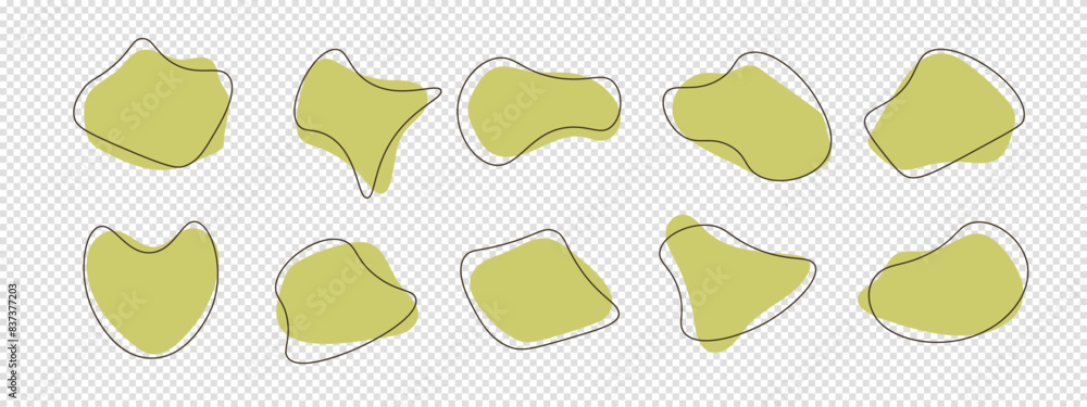 Text bubbles graphic elements. Set of abstract irregular liquid shapes in olive green color. Dark continuous line of wavy organic shape. Vector illustration isolated on a transparent background. Text bubbles graphic elements. Set of abstract irregular liquid shapes in olive green color. Dark continuous line of wavy organic shape. Vector illustration isolated on a transparent background.