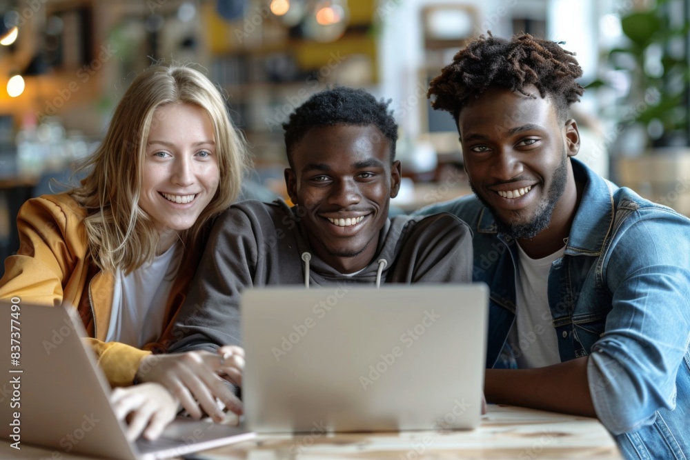 Three people sitting at a table with a laptop computer Three people sitting at a table with a laptop computer