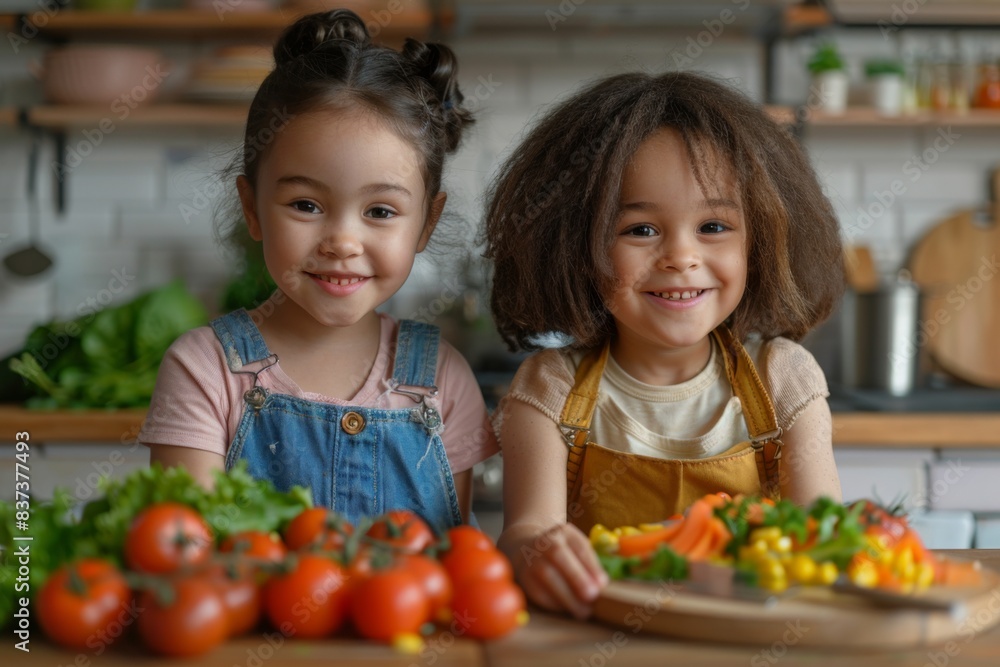 Two young girls smiling in front of table of vegetables Two young girls smiling in front of table of vegetables
