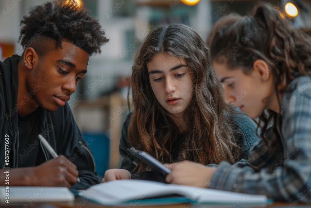 Three young people writing and reading book Three young people writing and reading book