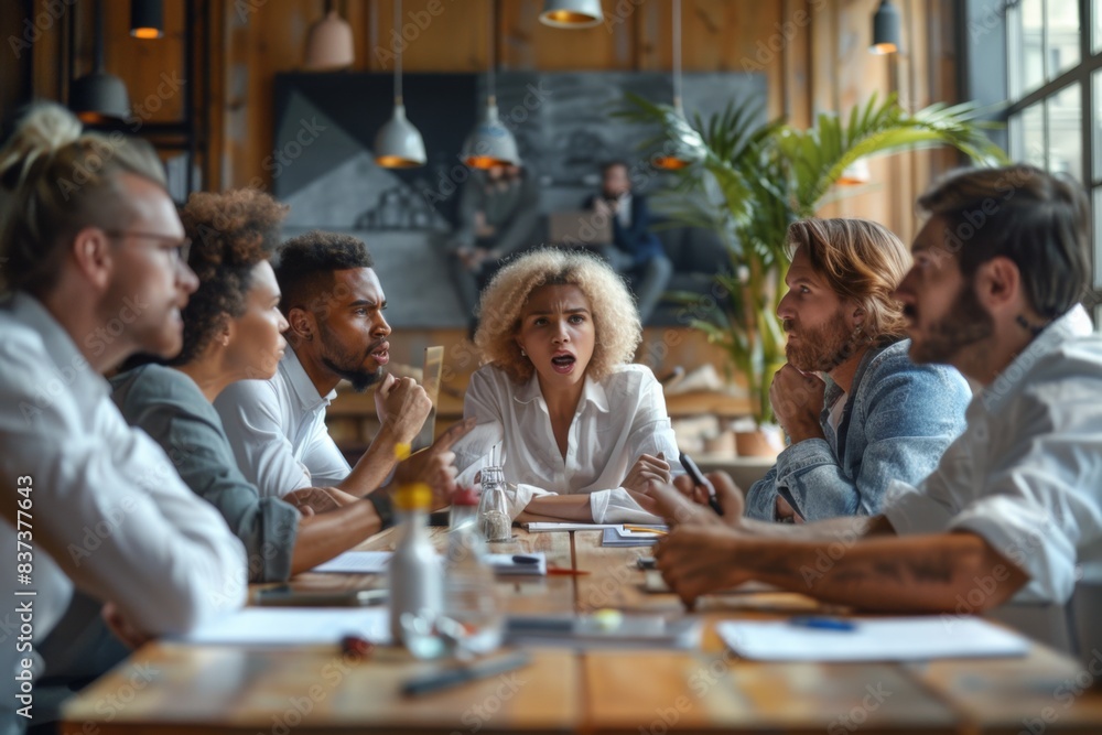People seated table papers pens conversing People seated table papers pens conversing