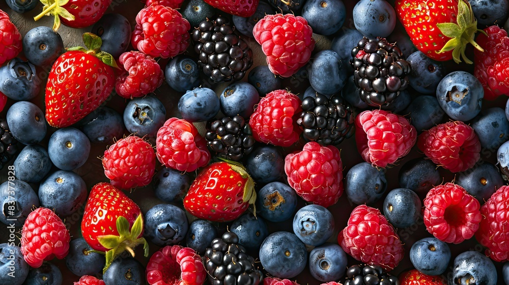 Overhead view of mixed berries in vibrant colors Overhead view of mixed berries in vibrant colors